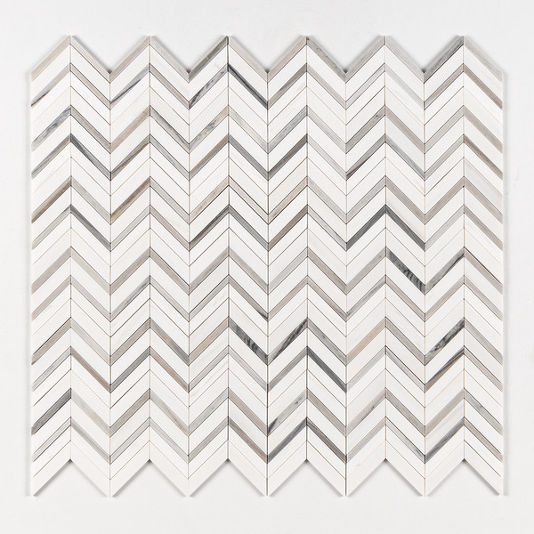 Snow White, Skyline Polished Chevron Fusion Waterjet Marble Mosaics 16×11 7/8