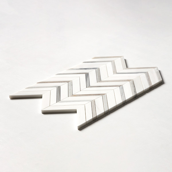 Snow White, Skyline Polished Chevron Fusion Waterjet Marble Mosaics 16×11 7/8