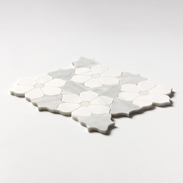 Afyon White, Avenza Dark, Dolomite Multi Finish Theodora Marble Mosaics 12 1/8×14