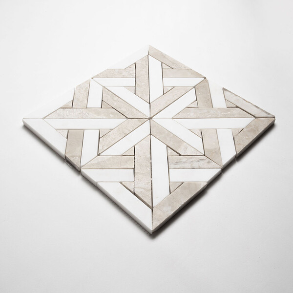 Crossed Pickets Royal Beige, Alpina White Honed Marble Waterjet Decos 9 11/16×9 11/16