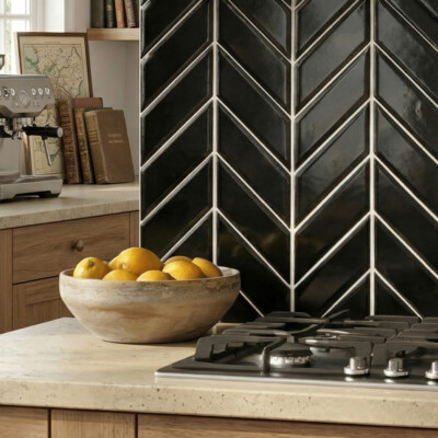 Midnight Glossy Chevron Ceramic Tiles 2×6 (DC00355) Room Scene Image