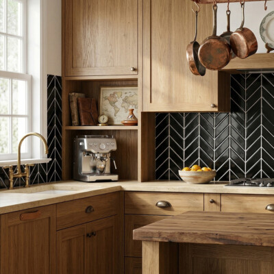 Midnight Glossy Chevron Ceramic Tiles 2×6 (DC00355) Room Scene Image