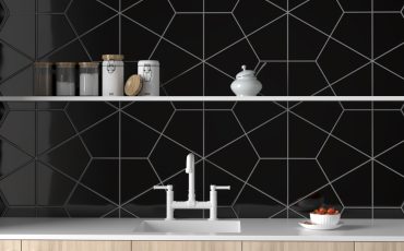 Black glossy diamante ceramic tile kitchen backsplash