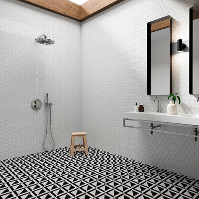 Bianco Dolomiti Polished Hexagon Marble Mosaic 10 3/8×12 (MS01238) Black, Bianco Dolomite Honed Moderne Marble Mosaic 11 15/16×11 15/16 (MS01552)