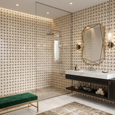 Delicate Beige Polished Basket Weave Marble Mosaics 12×12 (MS01439) Room Scene Image