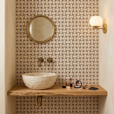 Delicate Beige Polished Basket Weave Marble Mosaics 12×12 (MS01439) Room Scene Image