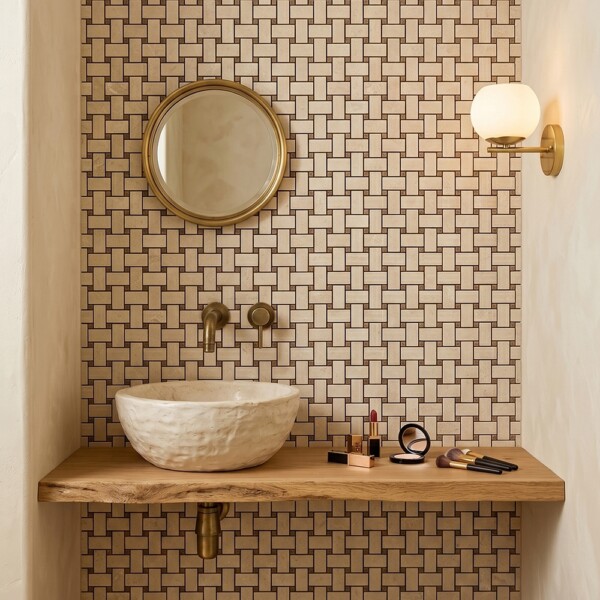 Delicate Beige Polished Basket Weave Marble Mosaics 12×12