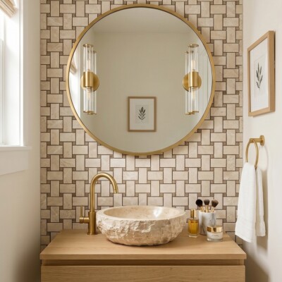 Delicate Beige Polished Basket Weave Marble Mosaics 12×12 (MS01439) Room Scene Image