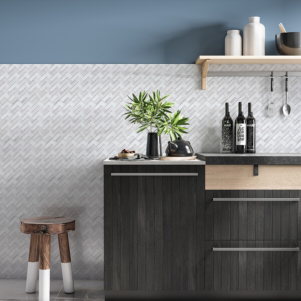 Bianco Dolomiti Polished Herringbone Marble Mosaics 12 1/8×13 3/8