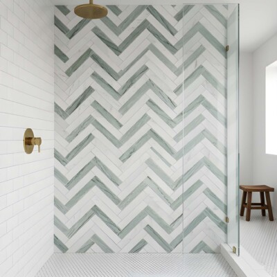 Verde, Calacata T Fine Textured Large Herringbone Marble Mosaics 12 7/8×8 9/16 (MS01662) Room Scene Image