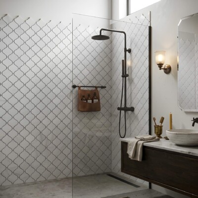 Bianco Dolomiti Polished Arabesque Marble Mosaics 12×12 (MS02023) Room Scene Image