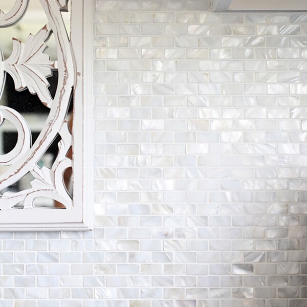 Madre Perla Polished 3/5×1 Mini Staggered Iridescent Shell Mosaics 12×12
