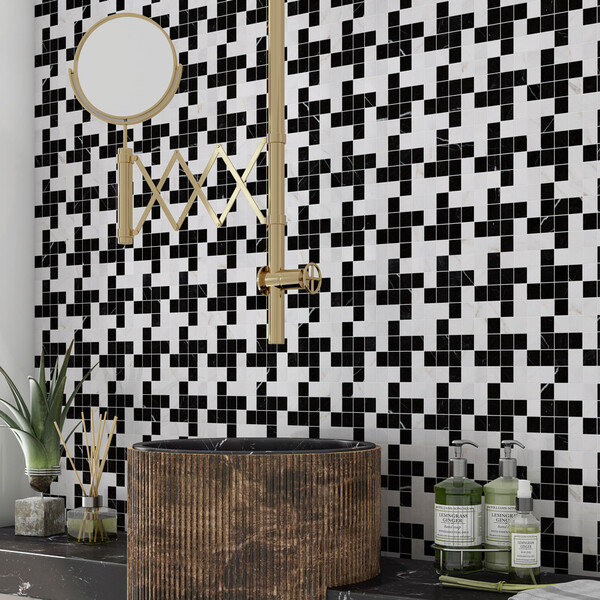 Black, Bianco Dolomiti Multi Finish Zig-zag Marble Mosaics 12×12
