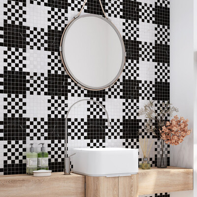 Black, Bianco Dolomiti Multi Finish Checker And Solid Marble Mosaic 12×12 (MS90768)