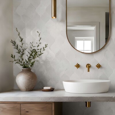 Thala Gray Honed Winter Leaf Limestone Waterjet Mosaics 4 7/8×6 13/16 (NW90063) Room Scene Image