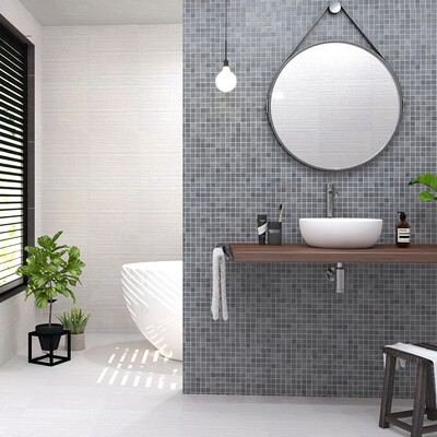 Paris Line Textured Limestone Tile 16×24 (TL16715) Basaltina Honed 1×1 Basalt Mosaic 12×12 (MS90266)