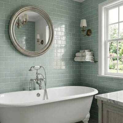 Sage Glossy Subway Ceramic Tiles 3×9 (TL18333) Room Scene Image
