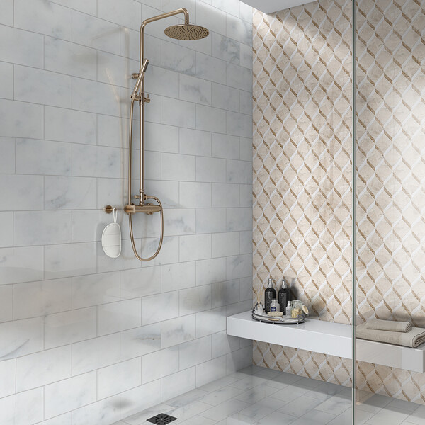 Royal Beige, Emperador Light, Bianco Dolomite Multi Finish Steps 3d Marble Mosaic 14 9/16×14 15/16