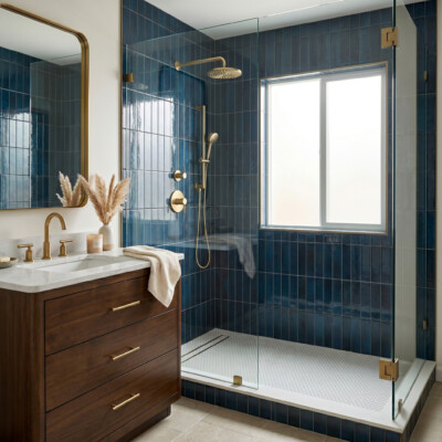 Atlantic Glossy Flat Glazed Terracotta Tiles 2 1/4×7 7/8 (TL80799) Carrara Contour Warm Walnut Bathroom Vanities 37×22 (PS73004) Room Scene Image
