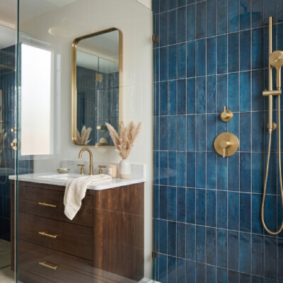 Atlantic Glossy Flat Glazed Terracotta Tiles 2 1/4×7 7/8 (TL80799) Carrara Contour Warm Walnut Bathroom Vanities 37×22 (PS73004) Room Scene Image
