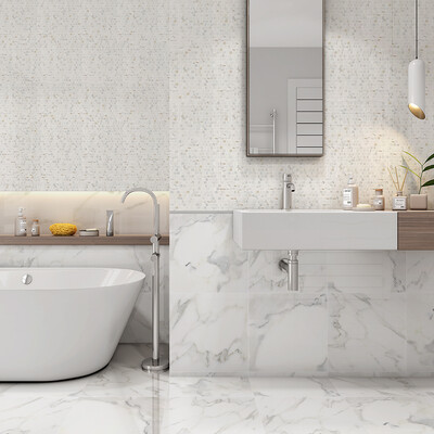 Calacatta Gold Honed Marble Tile 18×18 (TL90761) Calacatta Gold Polished 5/8×5/8 Marble Mosaic 12×12 (MS90099)