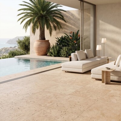 Light Standard Tumbled Travertine Pavers 16×16 (TL91279) Room Scene Image