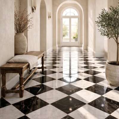 Black, Carrara T Honed Checkerboard Pattern Marble Bundle 12×12 (TL91293) Room Scene Image