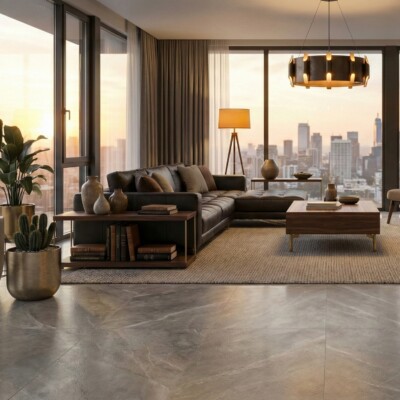 Tundra Grey Leather  Marble Pavers 24×24 (TL91479) Room Scene Image