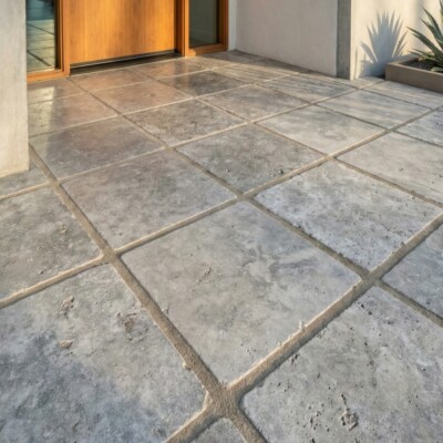 Silver Tumbled  Travertine Pavers 24×24 (TL91509) Room Scene Image