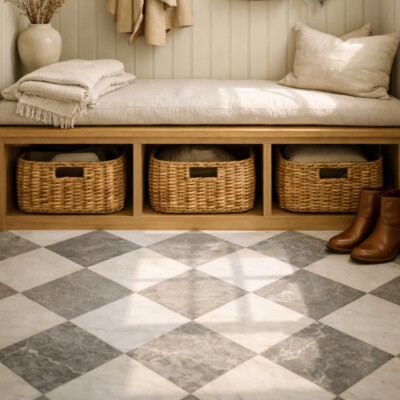 Athens Grey Light, Thassos Extra Honed Checkerboard Pattern Marble Bundle 12×12 (TL91535) Room Scene Image