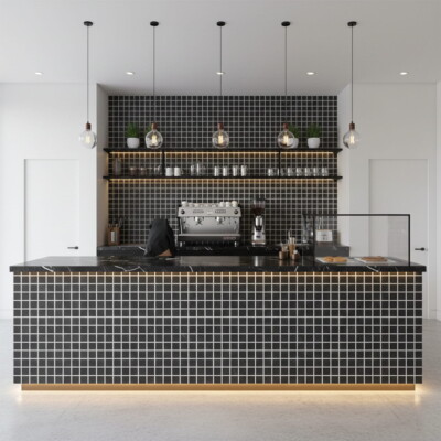 Gray Stone Gloss 1×1 Marble Look Porcelain Mosaics 12×12 (WLE00118) Room Scene Image