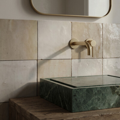 Gris Beige Glossy Zellige Tiles 4×4 (WMZ90007) Verde Tia Honed Bauhaus Marble Sink 20×20 (SN00273) Room Scene Image
