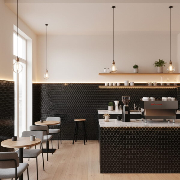 Arctic Style Black Glossy Penny Hexagon Porcelain Mosaics 10 1/8×11 5/8