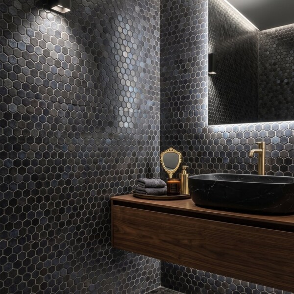 Black Polished Hexagon Blend Glass Mosaics 11 3/4×11 1/2