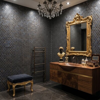 Black Polished Hexagon Blend Glass Mosaics 11 3/4×11 1/2 (WOX10010) Room Scene Image