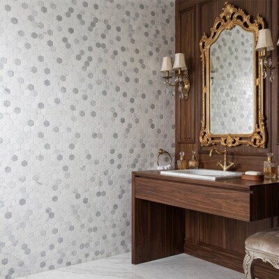 Metal, Carrara Polished Hexagon Glass Mosaics 11 3/4×11 1/2 (WOX10014) Room Scene Image