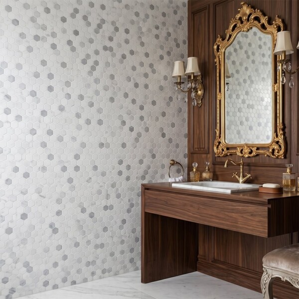 Metal, Carrara Polished Hexagon Glass Mosaics 11 3/4×11 1/2