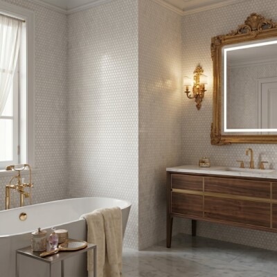 Cotton Multi Finish Hexagon Glass Mosaics 11 3/4×11 1/2 (WOX10124) Room Scene Image