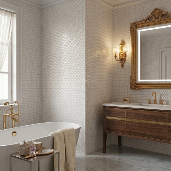 Cotton Multi Finish Hexagon Glass Mosaics 11 3/4×11 1/2