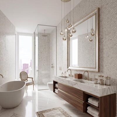 Opalo White Multi Finish Hexagon Glass Mosaics 11 3/4×11 1/2 (WOX10126) Room Scene Image