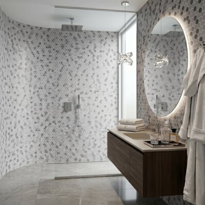 Smoke Honed Hexagon Glass Mosaics 11 3/4×11 1/2 (WOX10128) Room Scene Image