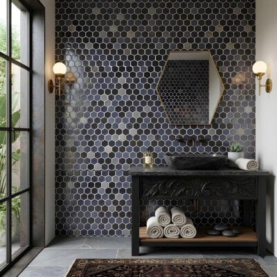 Opalo Black Multi Finish Hexagon Glass Mosaics 11 3/4×11 1/2 (WOX10130) Room Scene Image