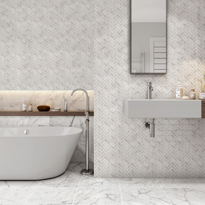 Perla Polished Herringbone Porcelain Mosaic 12×12 (WQA10006) Italian Carrara Honed Marble Tile 18×18 (TL90640)