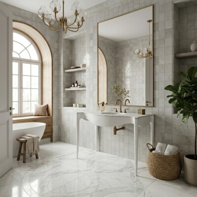 Forge Glossy Ceramic Tiles 5×5 (WSA10005) Windy Sky Glamm Bathroom Vanities 48×21 7/8 (PS70005) Room Scene Image