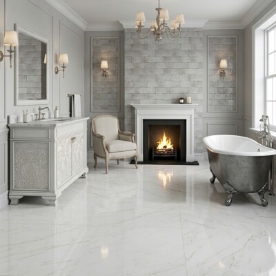 Forge Glossy Ceramic Tiles 2 1/2×5 (WSA10007) Brushed Aluminum Baroque Bathroom Vanities 47 1/2×21 1/2 (PS70018) Room Scene Image