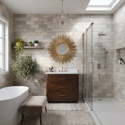 Patience Glossy Ceramic Tiles 2 1/2×5 (WSA10010) Carrara Contour Warm Walnut Bathroom Vanities 37×22 (PS73004) Room Scene Image