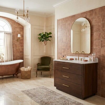 Steppe Glossy Ceramic Tiles 5×5 (WSA10011) Carrara Contour Warm Walnut Bathroom Vanities 37×22 (PS73004) Room Scene Image