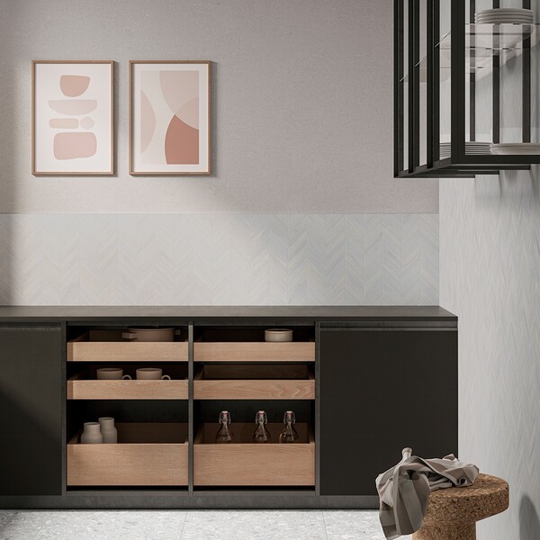 Mosaico de porcelana Oxford Gris mate con aspecto de madera en espiga, 17×7 3/4