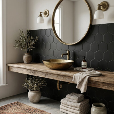 Noir Matte Midi Hexagon Ceramic Mosaics 8×10 (WVT00146) Room Scene Image