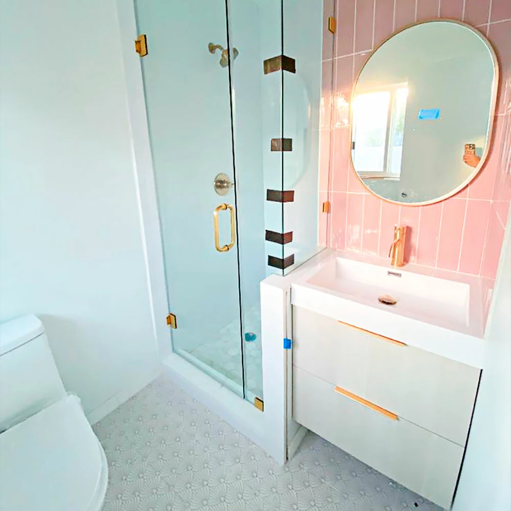 Pink ceramic bathroom backsplash tile